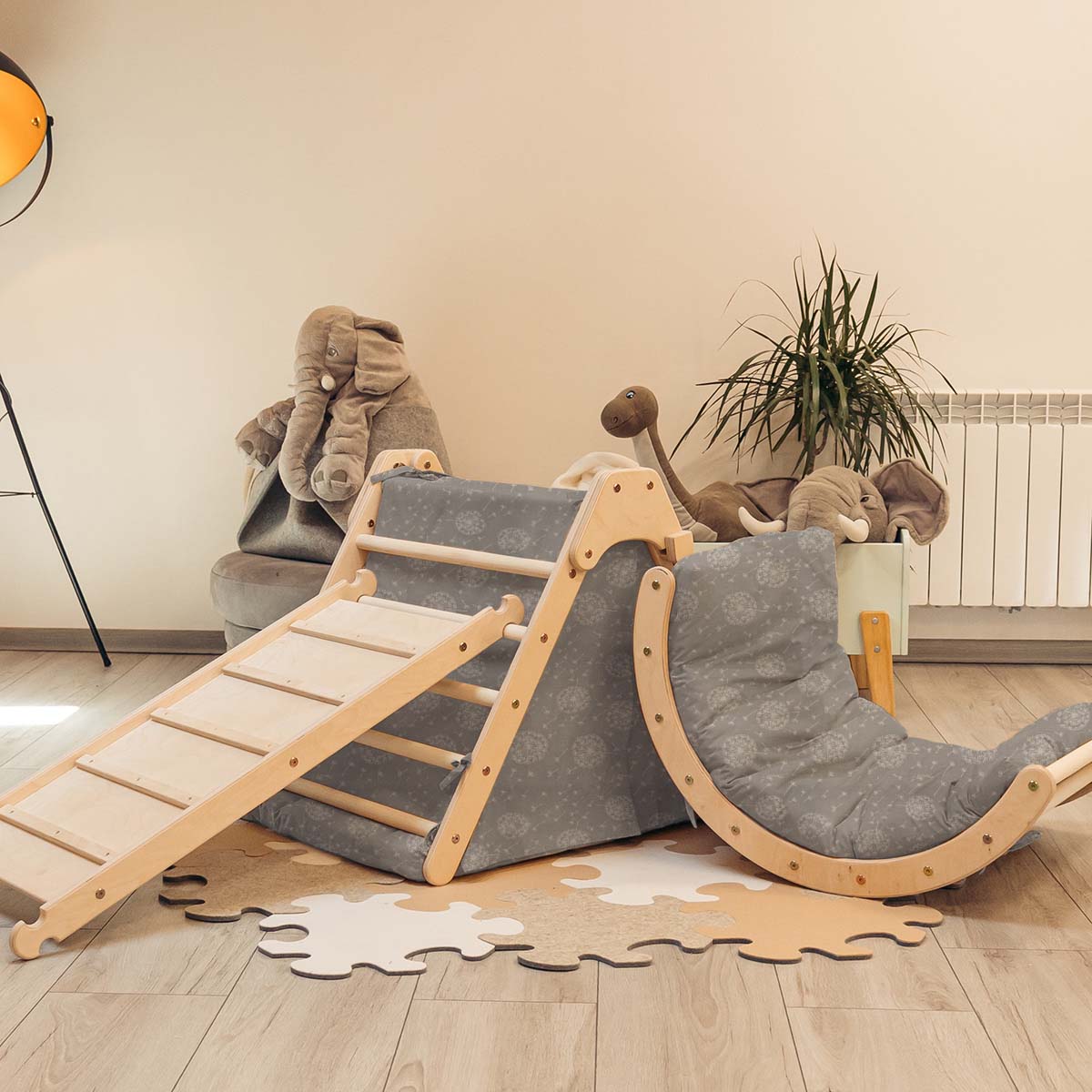 Kletterset | Klappbares Kletterdreieck mit Hühnerleiter Rutsche und Wippe | mit Zubehör aus Stoff