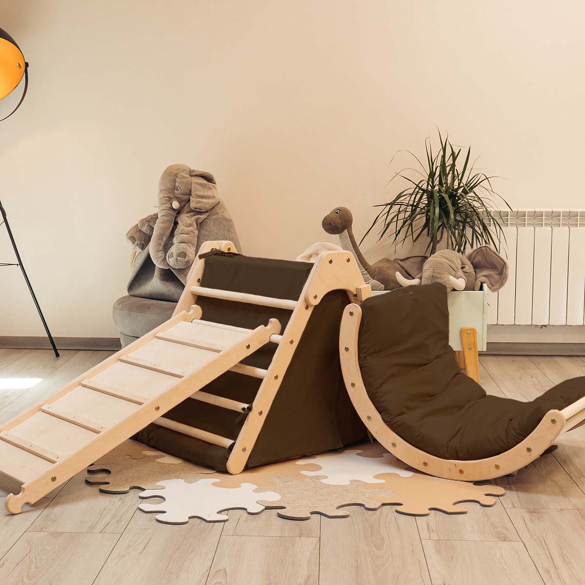 Kletterset | Klappbares Kletterdreieck mit Hühnerleiter Rutsche und Wippe | mit Zubehör aus Stoff