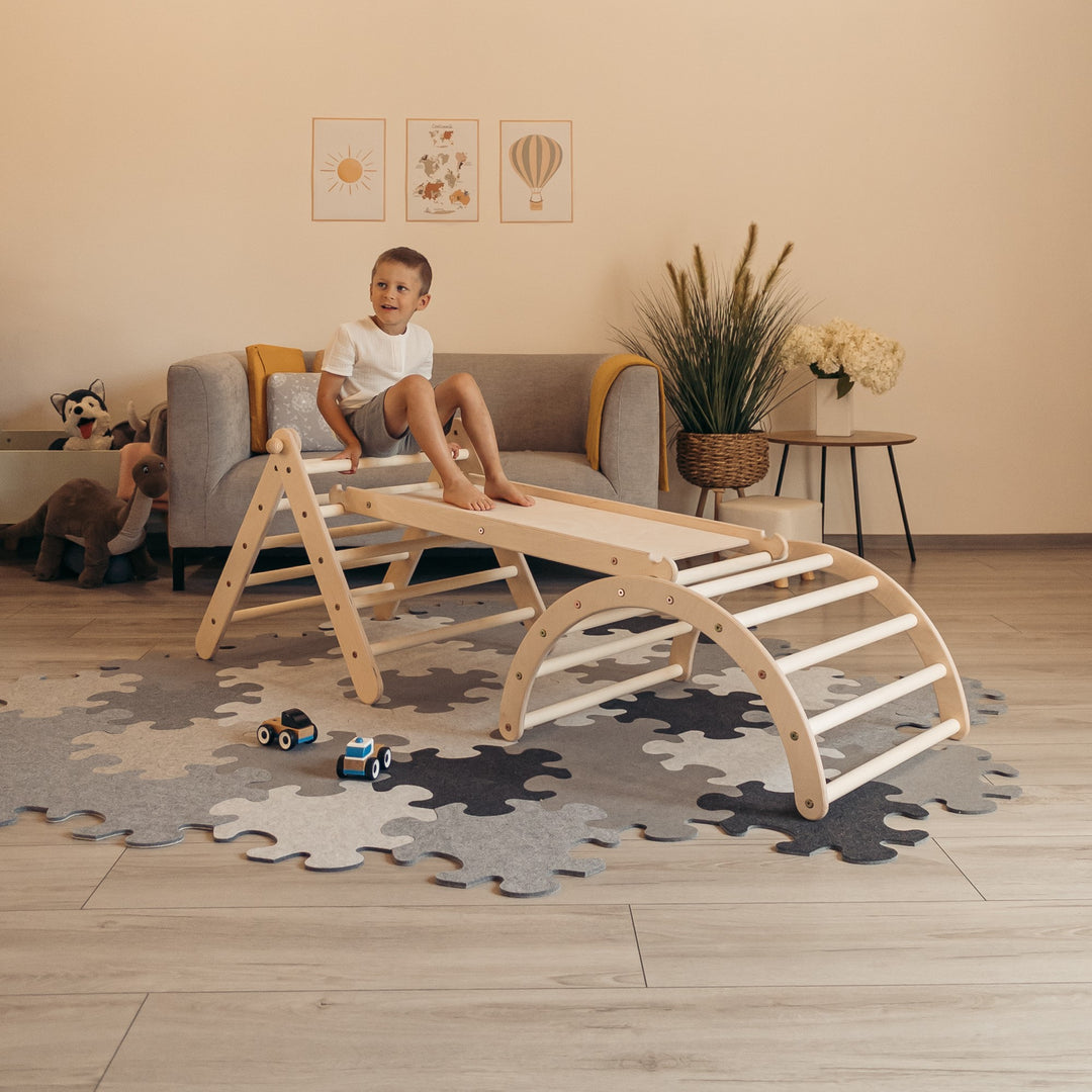 Verstellbares Kletterset | Verstellbares Kletterdreieck + zweiseitiger Hühnerleiter-Rutsche + Bogen in Größe S