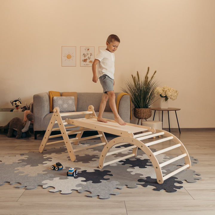 Verstellbares Kletterset | Verstellbares Kletterdreieck + zweiseitiger Hühnerleiter-Rutsche + Bogen in Größe S