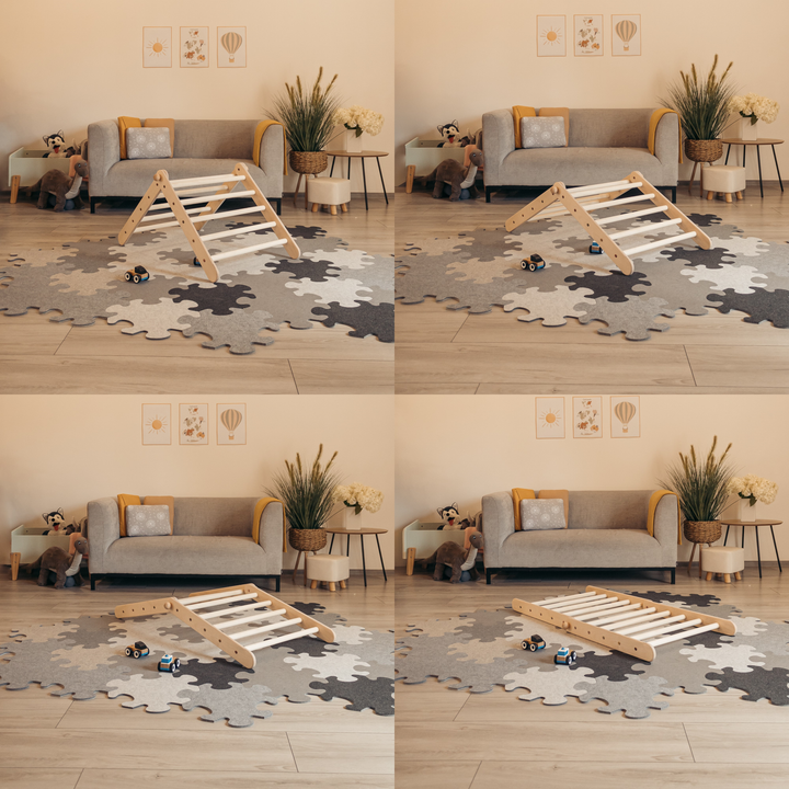 Verstellbares Kletterset | Verstellbares Kletterdreieck + zweiseitiger Hühnerleiter-Rutsche + Bogen in Größe S