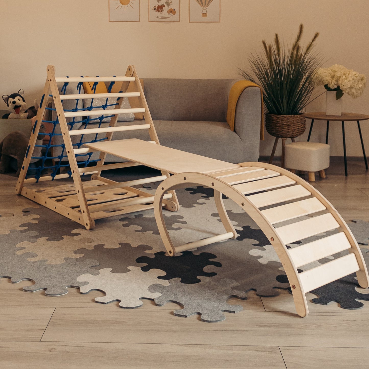 3-seit Kletterdreieck-Set mit Rutschbrett und Wippe