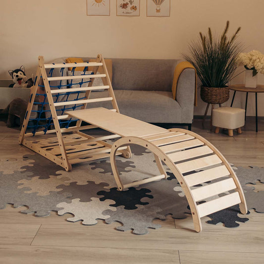 Dreiseitiges Kletterdreieck-Set mit Rutschbrett und Wippe – 87 cm