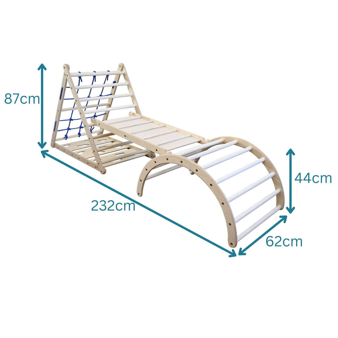 Kinderspielzeug Set aus Holz: Dreiseitiges Kletterdreieck mit Hühnerleiter und Kletterbogen für das Kinderzimmer